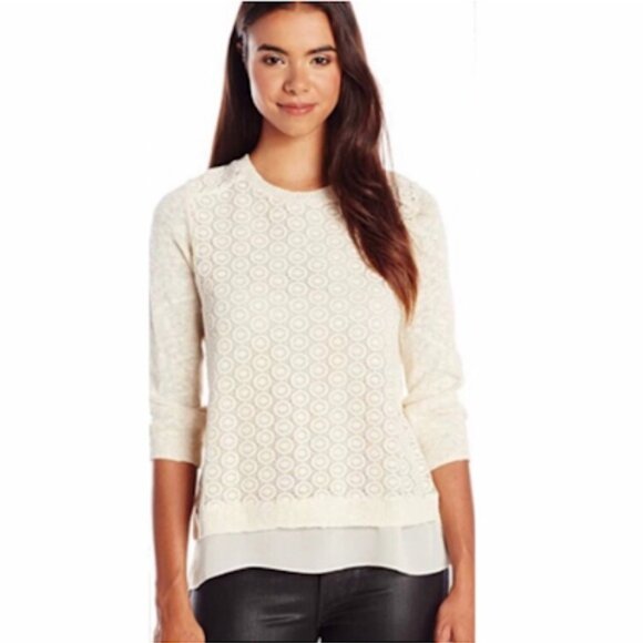 NWT LUCKY BRAND Cream Lace Chiffon Linen Mixed Media Sweater 1X - Picture 1 of 9